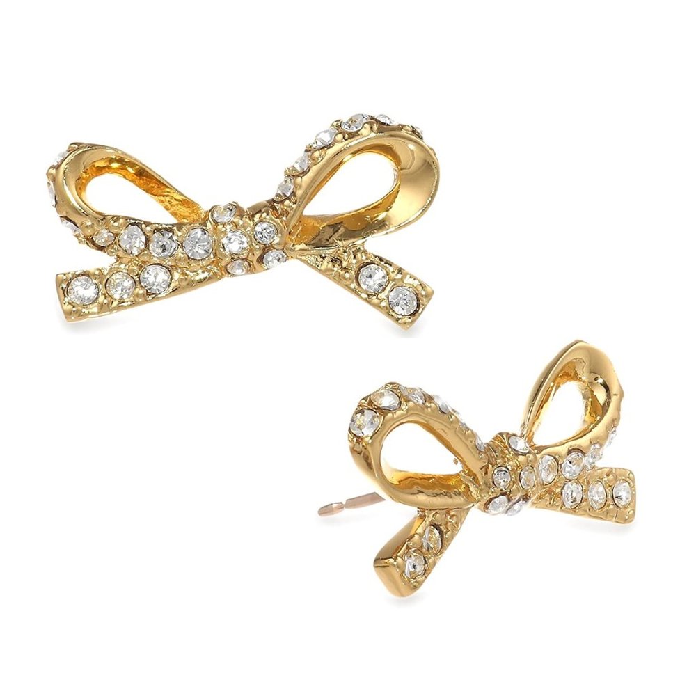 NEW Kate Spade Skinny Mini Pave Diamond Crystal Gold Bow Stud Earrings